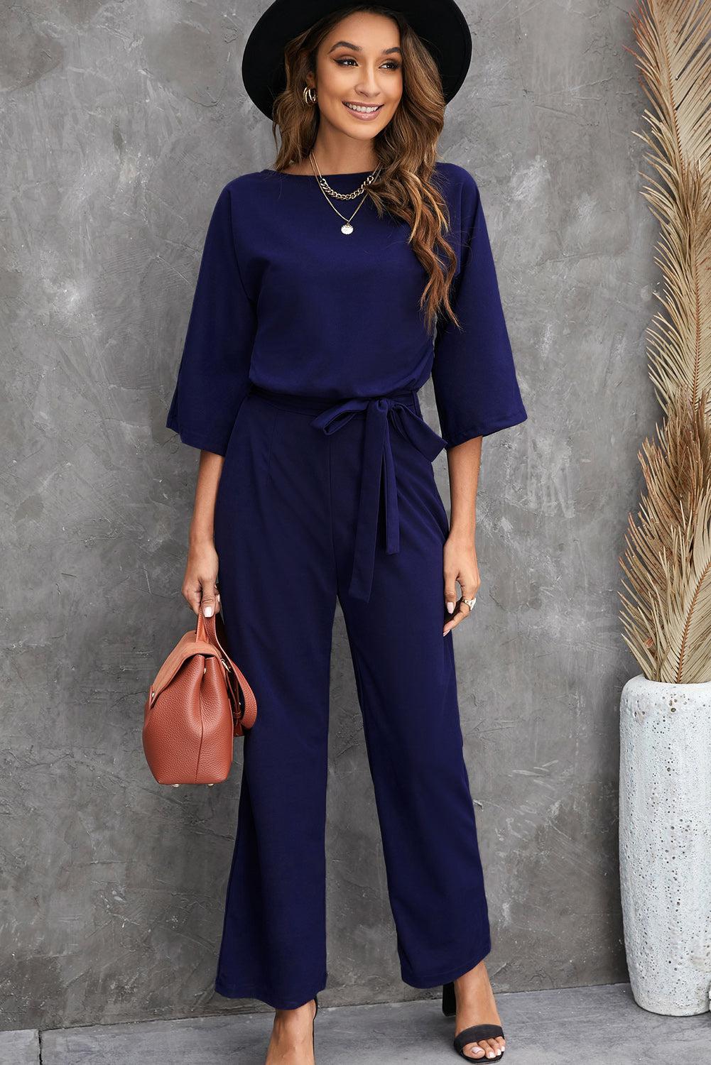 Belted Three-Quarter Sleeve Jumpsuit BLUE ZONE PLANET