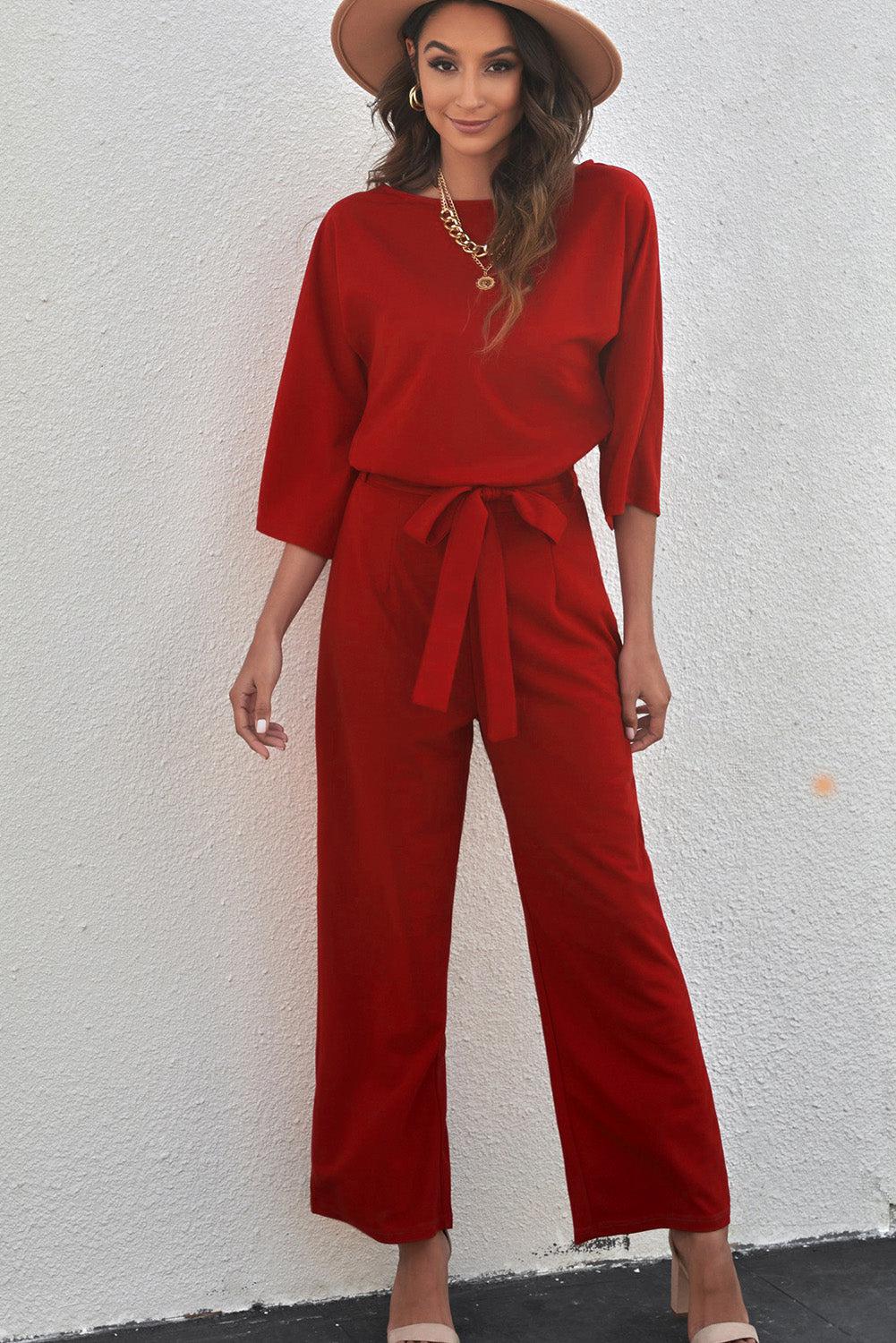 Belted Three-Quarter Sleeve Jumpsuit BLUE ZONE PLANET