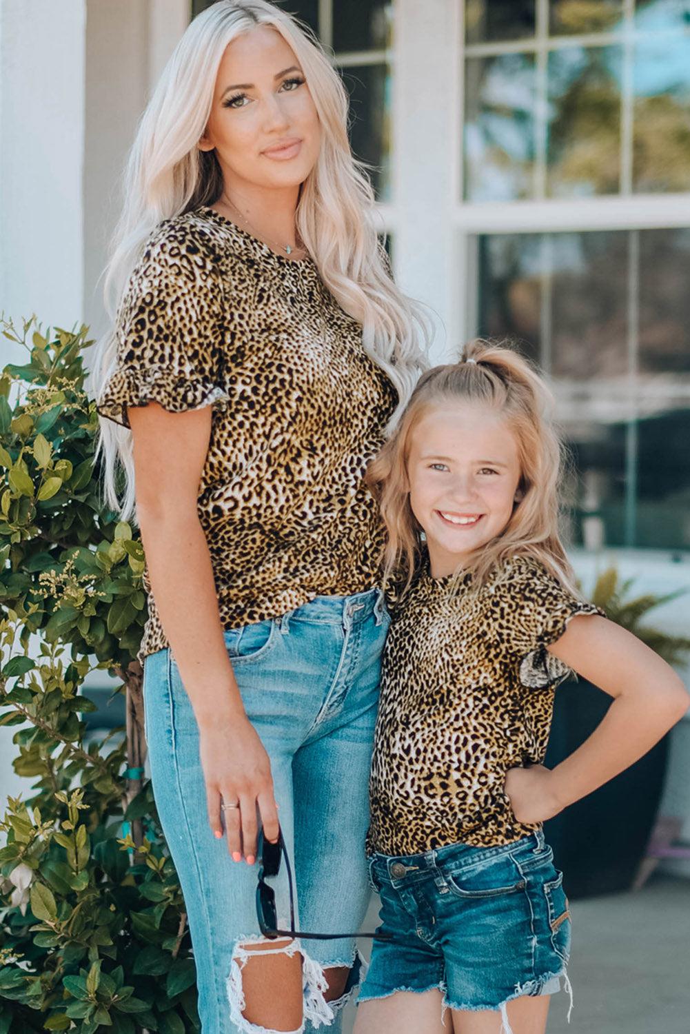 Best Mama Girls Leopard Short Flounce Sleeve Tee BLUE ZONE PLANET