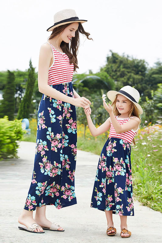 Best Mama Girls Striped Floral Sleeveless Dress-TOPS / DRESSES-[Adult]-[Female]-Floral-3T-2022 Online Blue Zone Planet