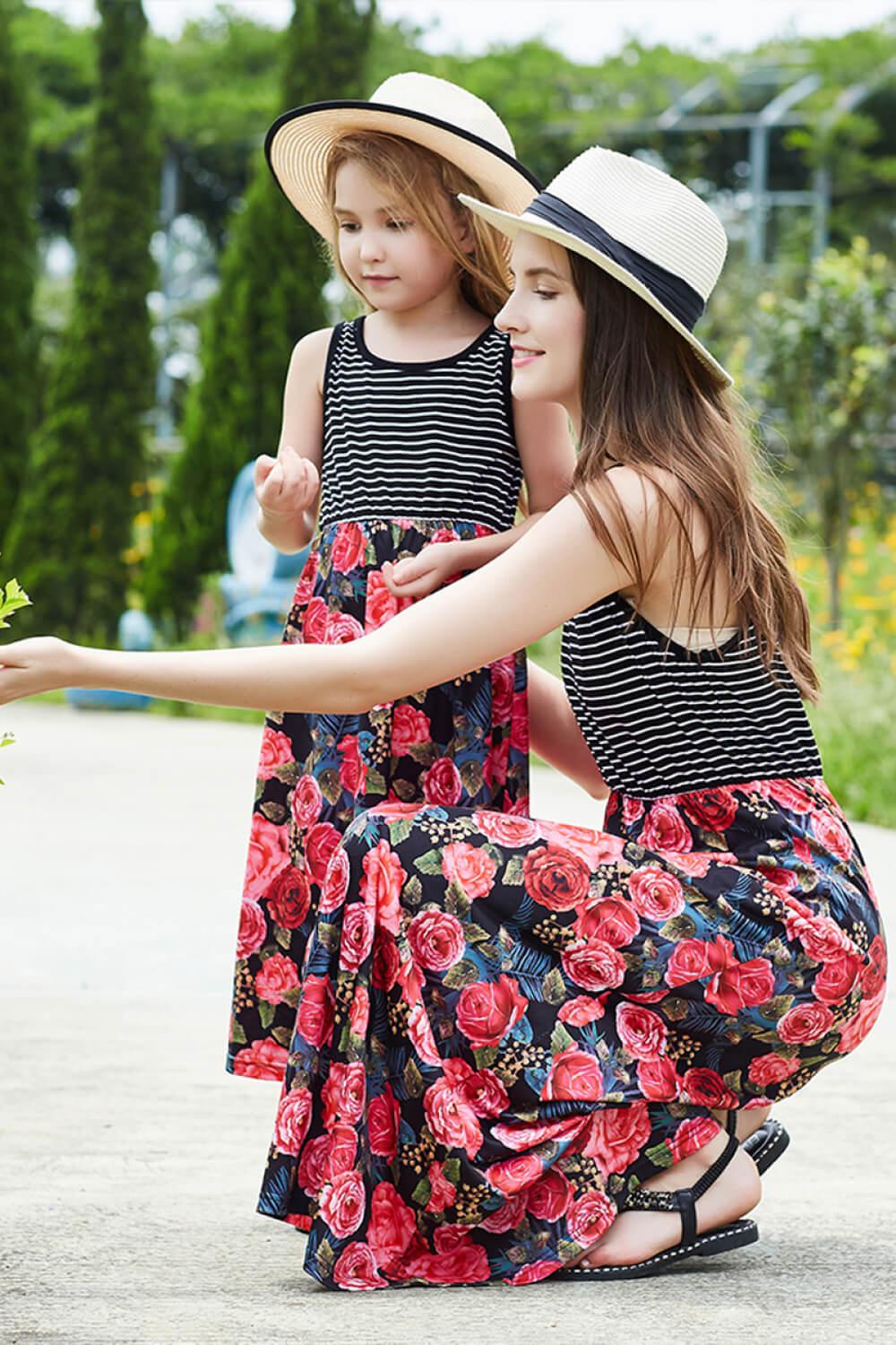 Best Mama Girls Striped Floral Spliced Dress-TOPS / DRESSES-[Adult]-[Female]-2022 Online Blue Zone Planet