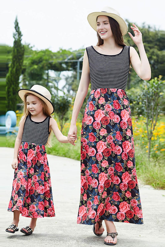Best Mama Girls Striped Floral Spliced Dress-TOPS / DRESSES-[Adult]-[Female]-Floral-3T-2022 Online Blue Zone Planet