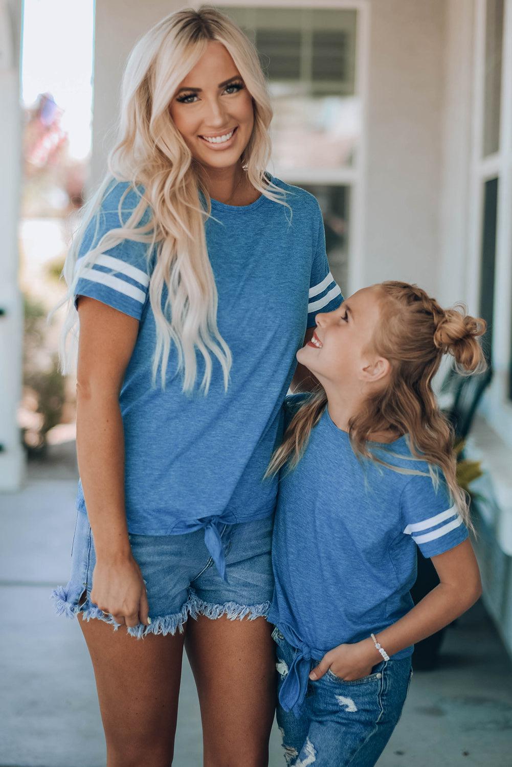 Best Mama Women Striped Tie Front T-Shirt BLUE ZONE PLANET
