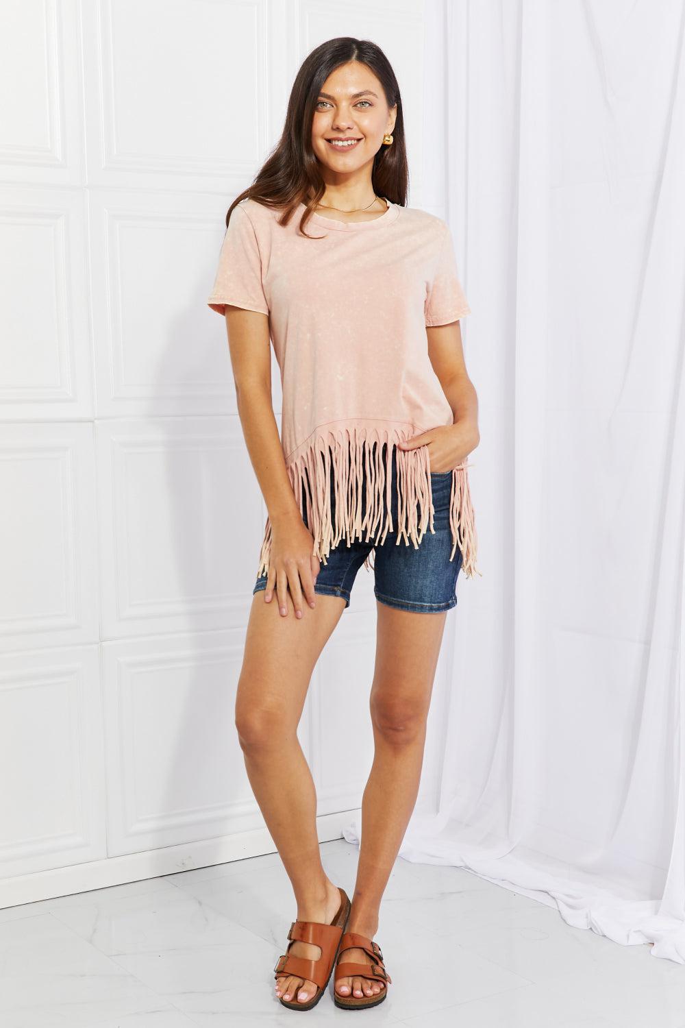 BiBi Empowering Expression Mineral Wash Fringe Hem Tee BLUE ZONE PLANET