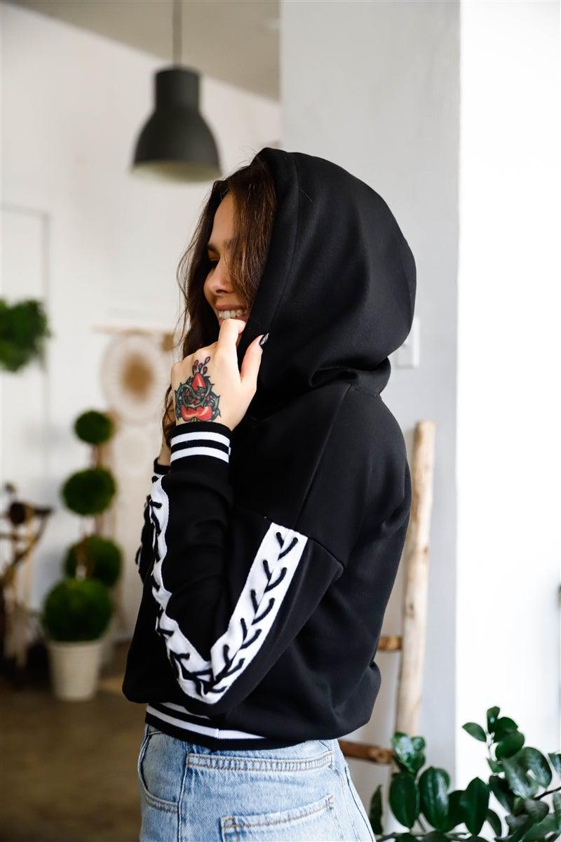 Black Contrast Lace Up Sleeve Detail Striped Cuff & Hem Hooded Sweatshirt-TOPS / DRESSES-[Adult]-[Female]-Blue Zone Planet