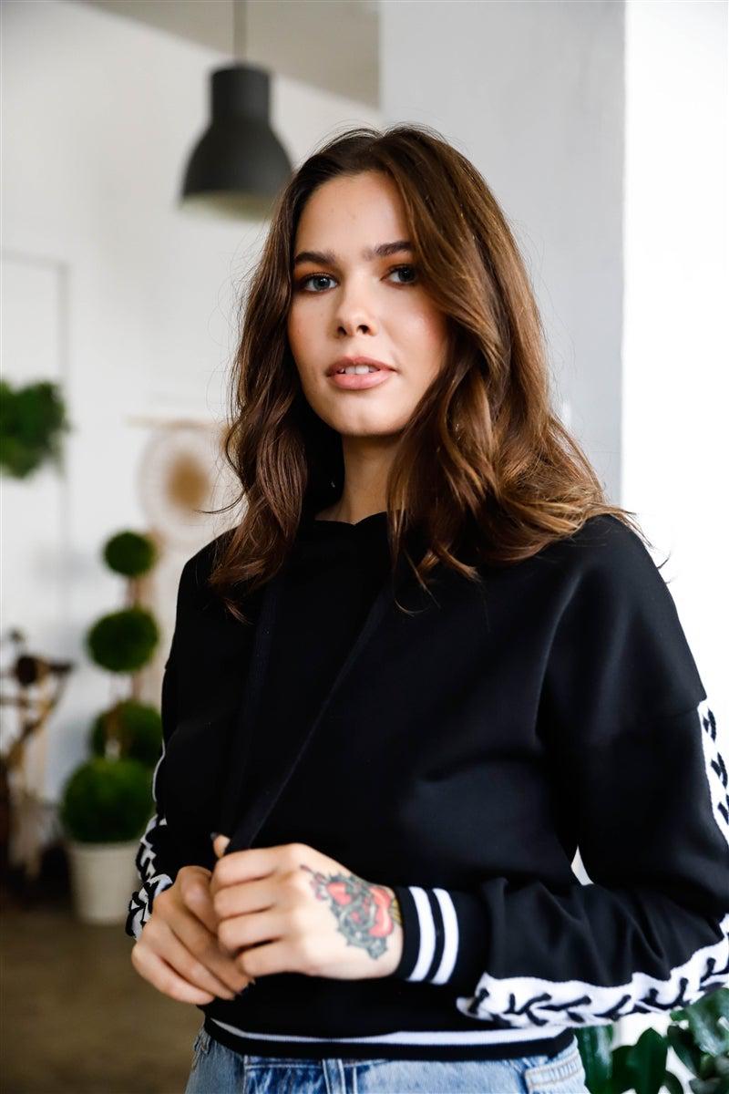 Black Contrast Lace Up Sleeve Detail Striped Cuff & Hem Hooded Sweatshirt-TOPS / DRESSES-[Adult]-[Female]-Blue Zone Planet