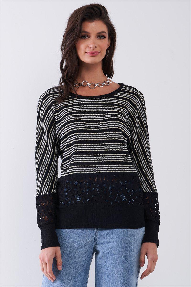 Black Striped Glitter Weave Crochet Trim Detail Long Sleeve Sweater Top Blue Zone Planet