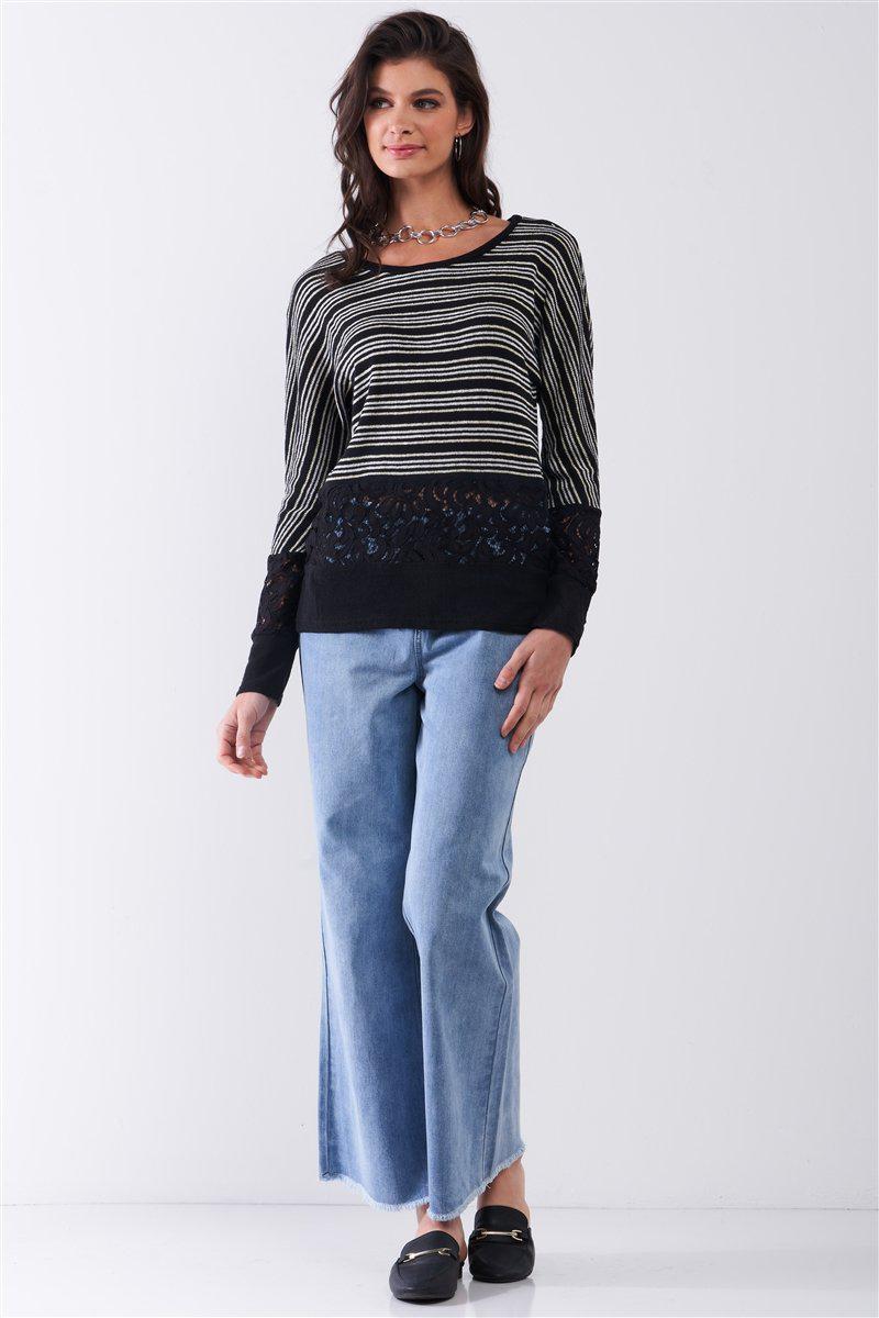 Black Striped Glitter Weave Crochet Trim Detail Long Sleeve Sweater Top-[Adult]-[Female]-Blue Zone Planet