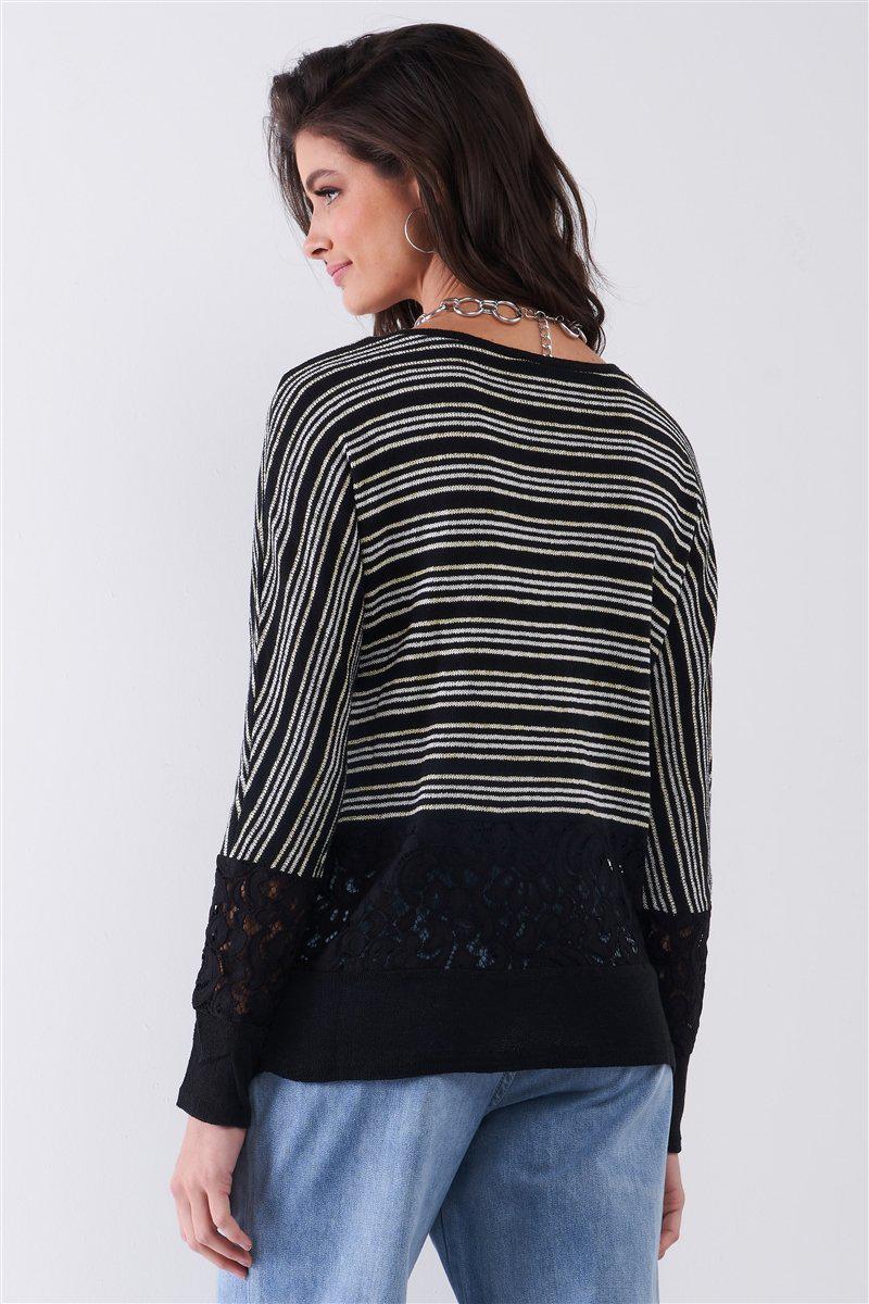 Black Striped Glitter Weave Crochet Trim Detail Long Sleeve Sweater Top Blue Zone Planet