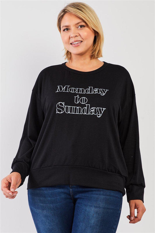 Black "monday Sunday" Print Long Sleeve Relaxed Sweatshirt Top Blue Zone Planet