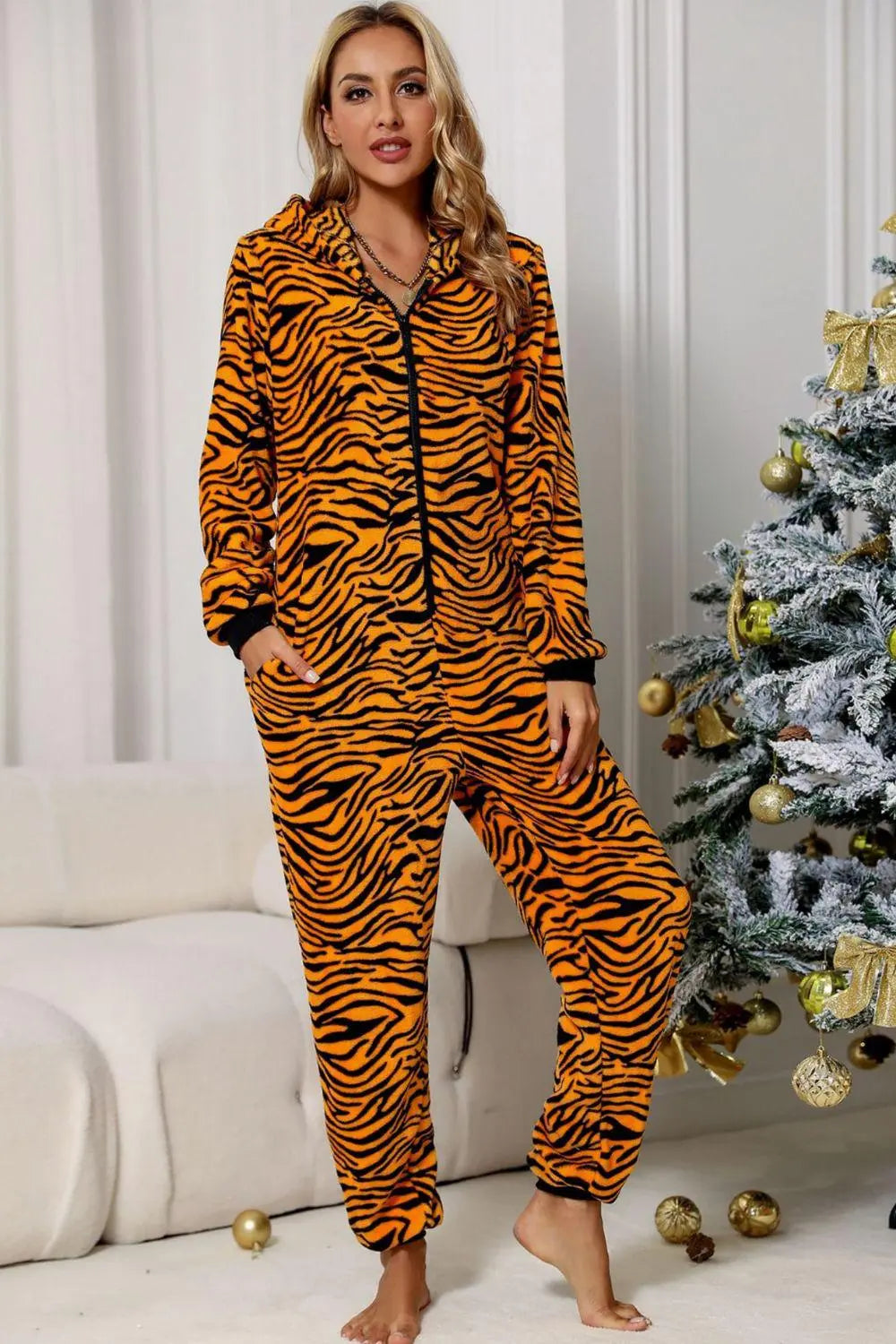 Blue Zone Planet |  Animal Print Zip-Up Hooded Flannel Jumpsuit with Pockets BLUE ZONE PLANET