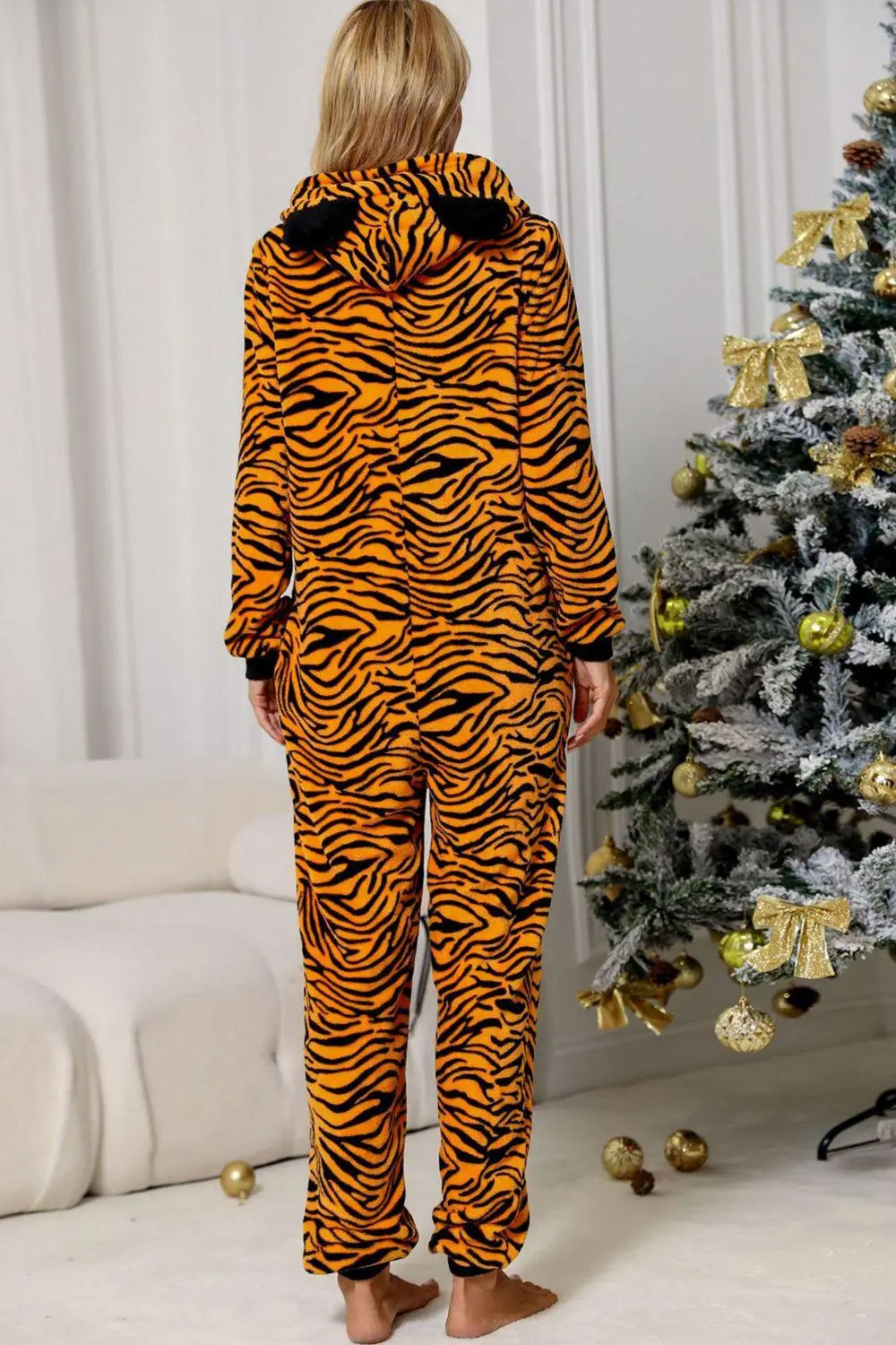 Blue Zone Planet |  Animal Print Zip-Up Hooded Flannel Jumpsuit with Pockets BLUE ZONE PLANET