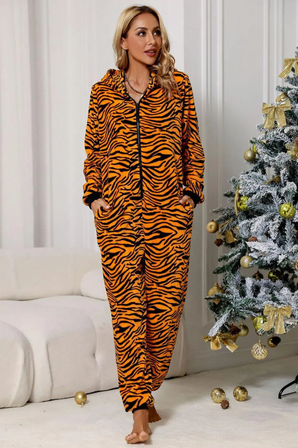 Blue Zone Planet |  Animal Print Zip-Up Hooded Flannel Jumpsuit with Pockets BLUE ZONE PLANET