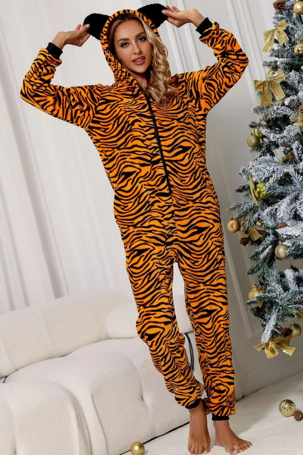 Blue Zone Planet |  Animal Print Zip-Up Hooded Flannel Jumpsuit with Pockets BLUE ZONE PLANET