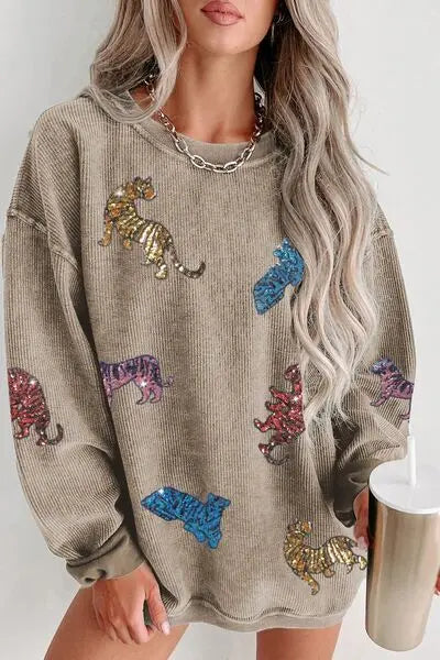 Blue Zone Planet |  Animal Sequin Dropped Shoulder Sweatshirt BLUE ZONE PLANET