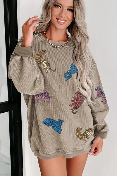 Blue Zone Planet |  Animal Sequin Dropped Shoulder Sweatshirt BLUE ZONE PLANET