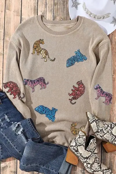 Blue Zone Planet |  Animal Sequin Dropped Shoulder Sweatshirt BLUE ZONE PLANET