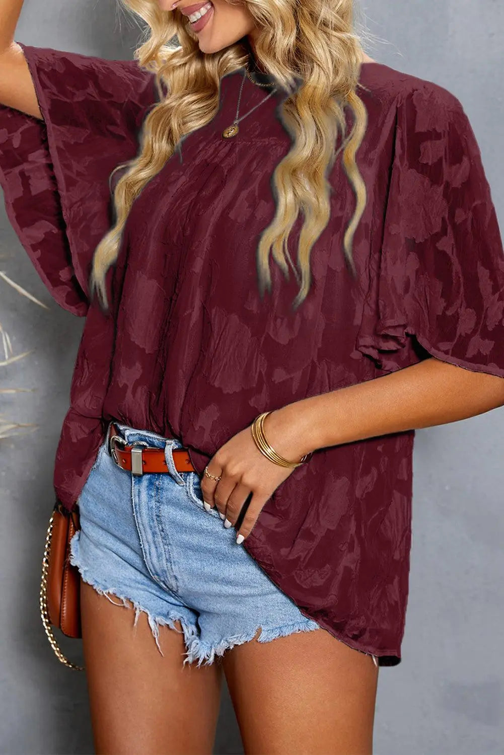 Blue Zone Planet |  Applique Half  Flutter Sleeve Top BLUE ZONE PLANET