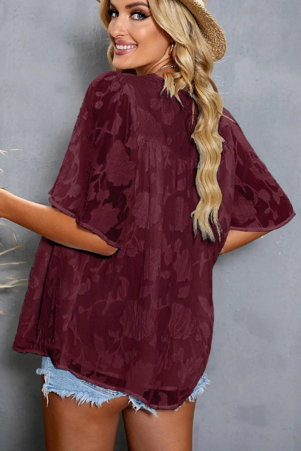 Blue Zone Planet |  Applique Half  Flutter Sleeve Top BLUE ZONE PLANET