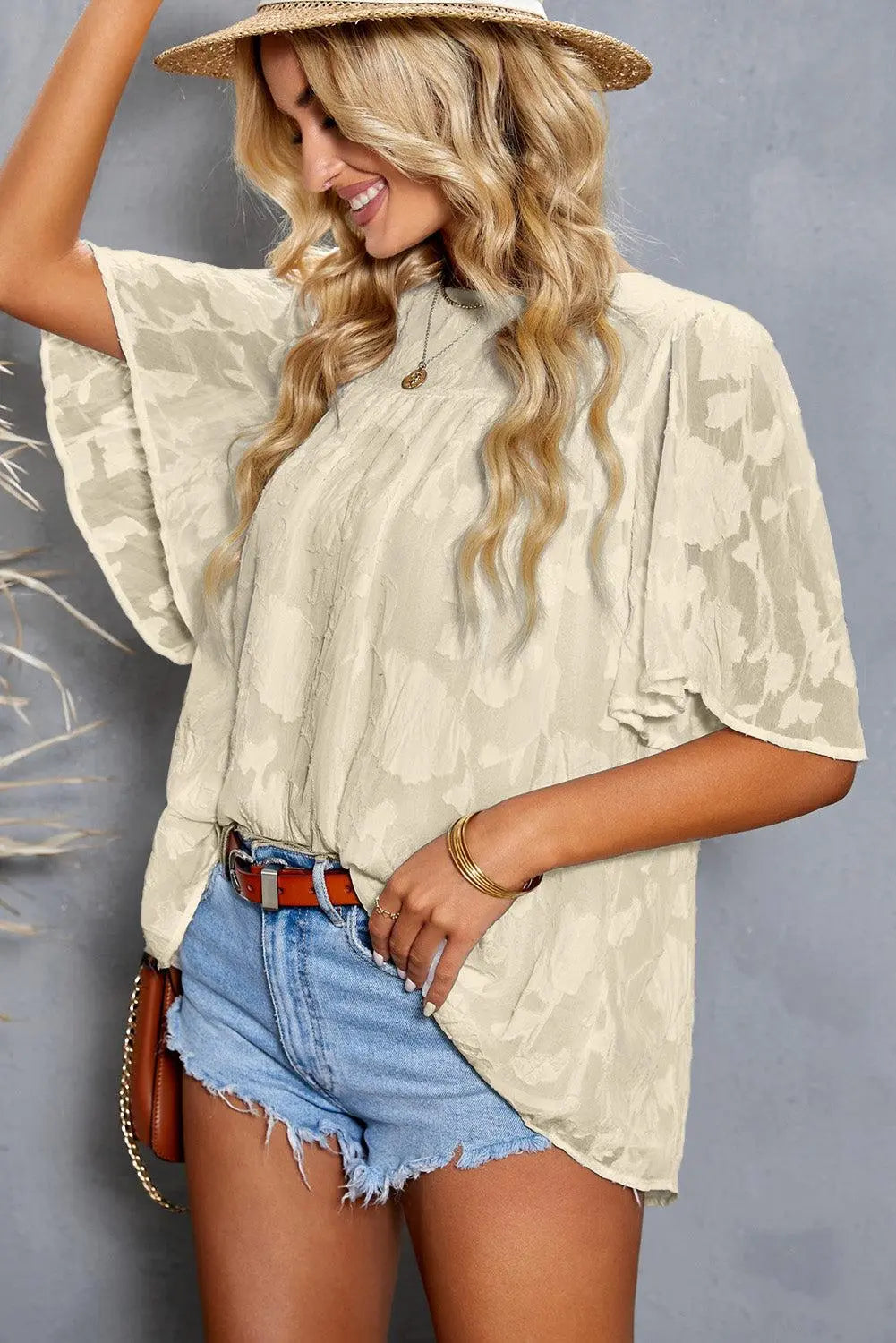 Blue Zone Planet |  Applique Half  Flutter Sleeve Top BLUE ZONE PLANET