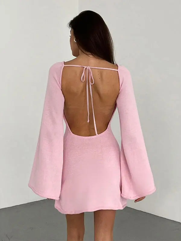 Blue Zone Planet | Ava's Backless Bell Sleeve Loose Beach Vacation Mini Dress BLUE ZONE PLANET
