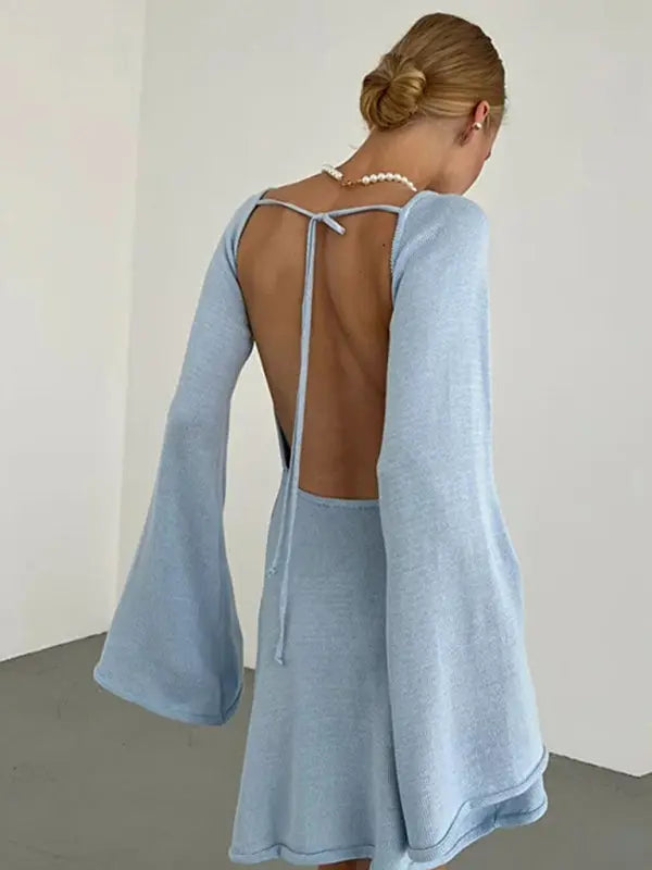 Blue Zone Planet | Ava's Backless Bell Sleeve Loose Beach Vacation Mini Dress BLUE ZONE PLANET