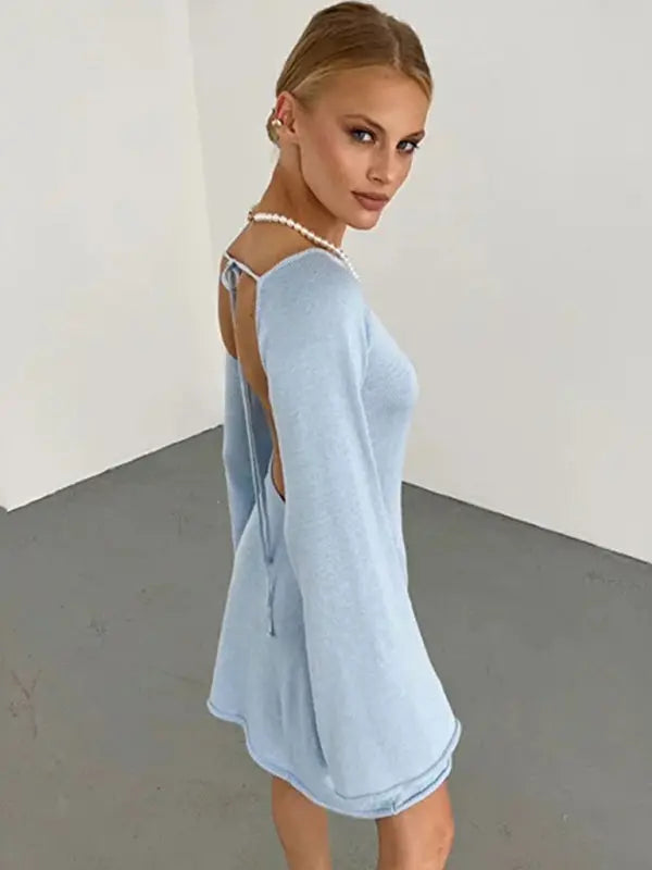 Blue Zone Planet | Ava's Backless Bell Sleeve Loose Beach Vacation Mini Dress BLUE ZONE PLANET