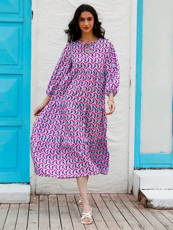 Blue Zone Planet |  Ava's Geometric Collage Puff Sleeve Street Holiday Dress BLUE ZONE PLANET
