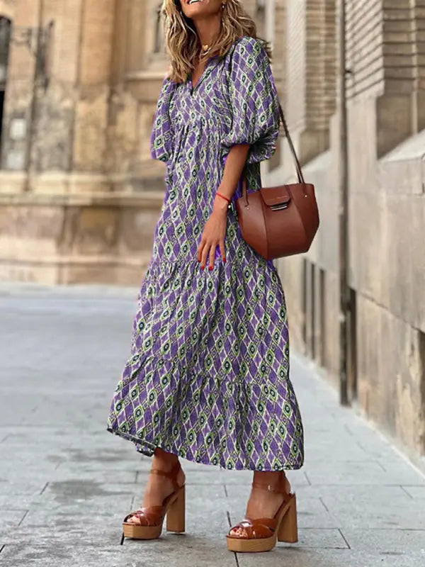 Blue Zone Planet |  Ava's Geometric Collage Puff Sleeve Street Holiday Dress BLUE ZONE PLANET