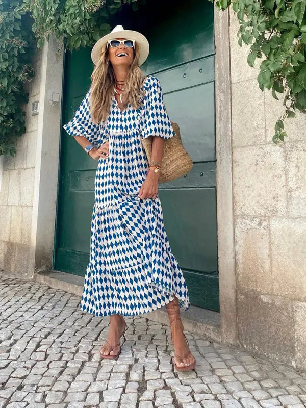 Blue Zone Planet |  Ava's Geometric Collage Puff Sleeve Street Holiday Dress BLUE ZONE PLANET