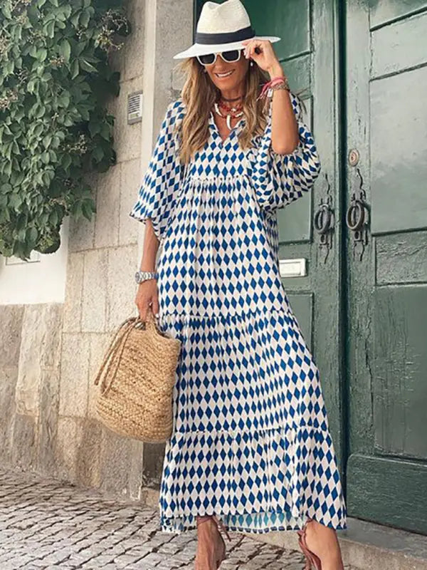 Blue Zone Planet |  Ava's Geometric Collage Puff Sleeve Street Holiday Dress BLUE ZONE PLANET