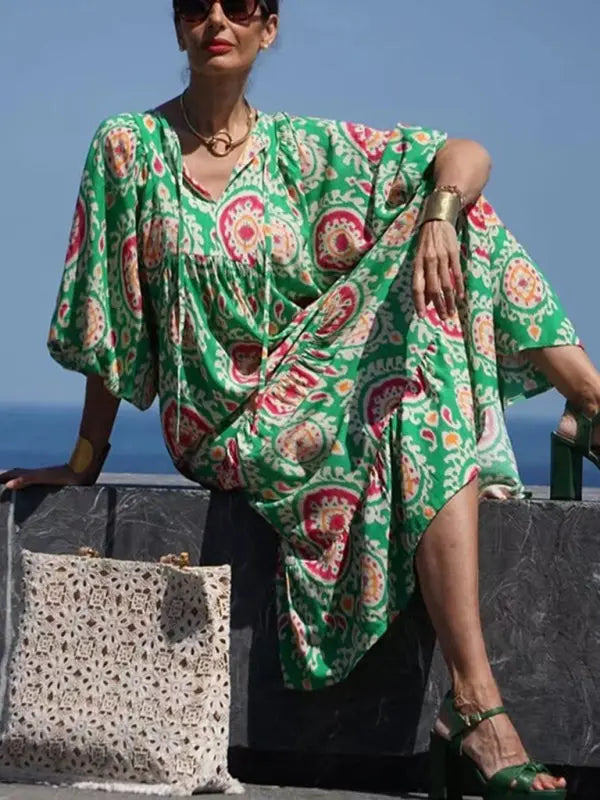 Blue Zone Planet |  Ava's Geometric Collage Puff Sleeve Street Holiday Dress BLUE ZONE PLANET