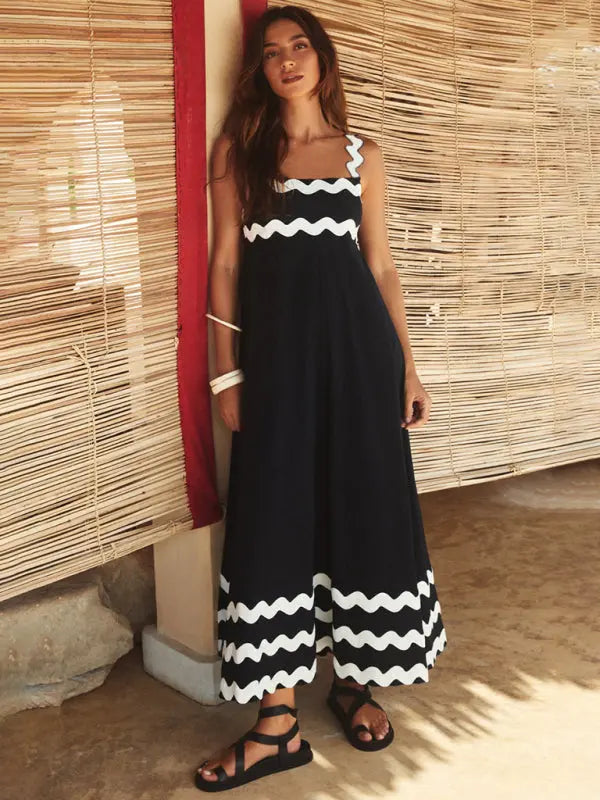 Blue Zone Planet | Ava's Strappy Printed Maxi Dress with Wavy Edge Detail BLUE ZONE PLANET