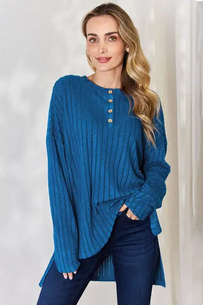 Blue Zone Planet |  Basic Bae Full Size Ribbed Half Button Long Sleeve High-Low T-Shirt BLUE ZONE PLANET