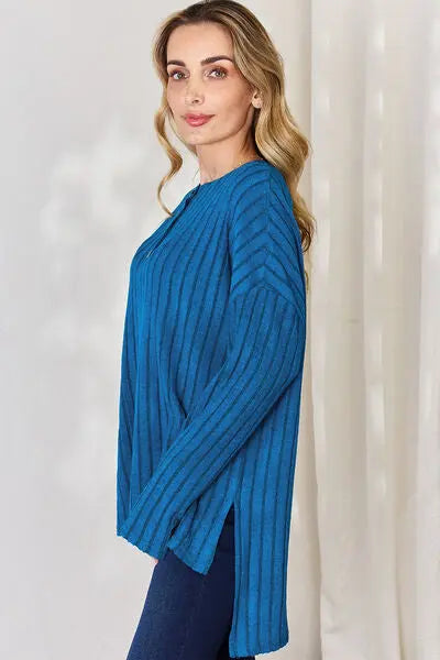 Blue Zone Planet |  Basic Bae Full Size Ribbed Half Button Long Sleeve High-Low T-Shirt BLUE ZONE PLANET