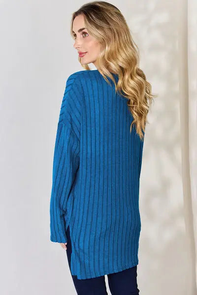 Blue Zone Planet |  Basic Bae Full Size Ribbed Half Button Long Sleeve High-Low T-Shirt BLUE ZONE PLANET