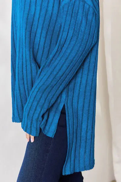 Blue Zone Planet |  Basic Bae Full Size Ribbed Half Button Long Sleeve High-Low T-Shirt BLUE ZONE PLANET