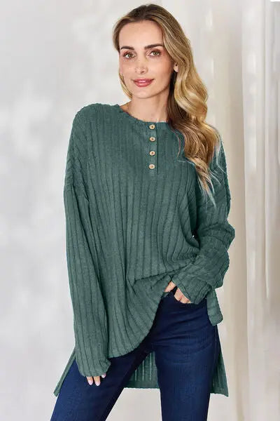 Blue Zone Planet |  Basic Bae Full Size Ribbed Half Button Long Sleeve High-Low T-Shirt BLUE ZONE PLANET