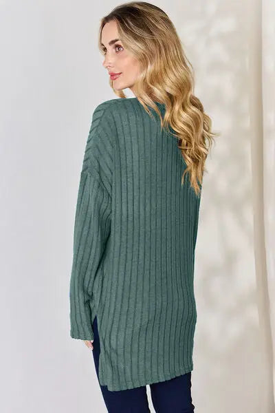 Blue Zone Planet |  Basic Bae Full Size Ribbed Half Button Long Sleeve High-Low T-Shirt BLUE ZONE PLANET