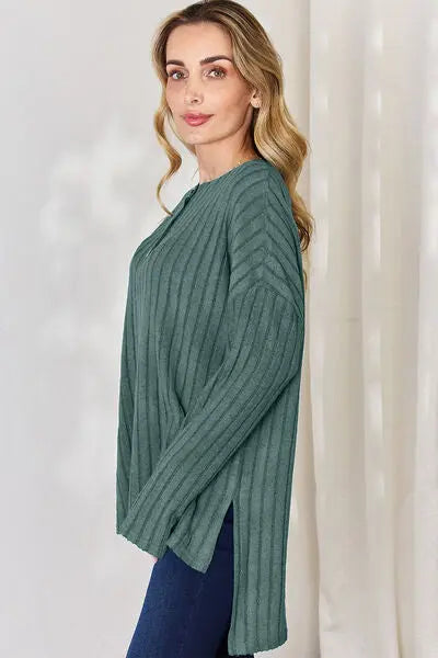 Blue Zone Planet |  Basic Bae Full Size Ribbed Half Button Long Sleeve High-Low T-Shirt BLUE ZONE PLANET