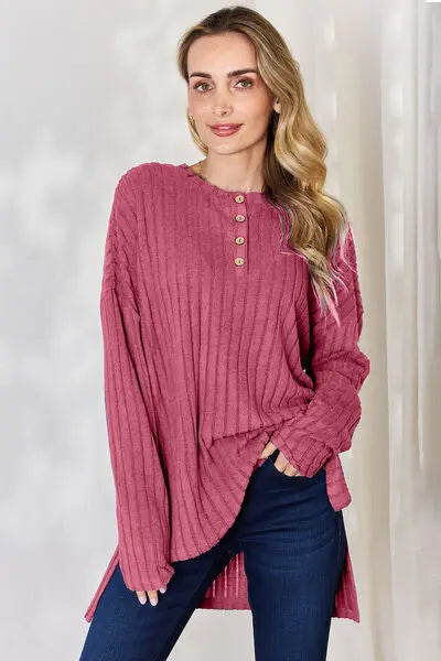 Blue Zone Planet |  Basic Bae Full Size Ribbed Half Button Long Sleeve High-Low T-Shirt BLUE ZONE PLANET
