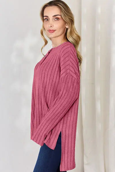 Blue Zone Planet |  Basic Bae Full Size Ribbed Half Button Long Sleeve High-Low T-Shirt BLUE ZONE PLANET
