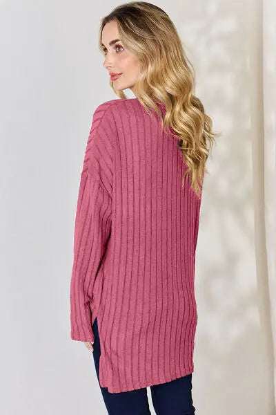 Blue Zone Planet |  Basic Bae Full Size Ribbed Half Button Long Sleeve High-Low T-Shirt BLUE ZONE PLANET