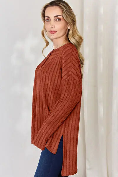 Blue Zone Planet |  Basic Bae Full Size Ribbed Half Button Long Sleeve High-Low T-Shirt BLUE ZONE PLANET