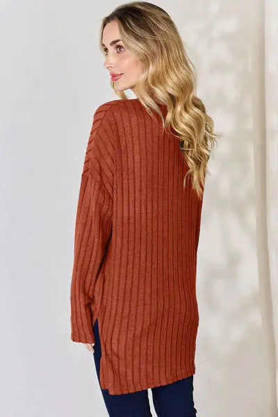 Blue Zone Planet |  Basic Bae Full Size Ribbed Half Button Long Sleeve High-Low T-Shirt BLUE ZONE PLANET