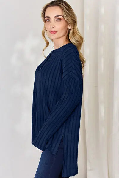 Blue Zone Planet |  Basic Bae Full Size Ribbed Half Button Long Sleeve High-Low T-Shirt BLUE ZONE PLANET
