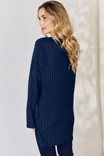 Blue Zone Planet |  Basic Bae Full Size Ribbed Half Button Long Sleeve High-Low T-Shirt BLUE ZONE PLANET