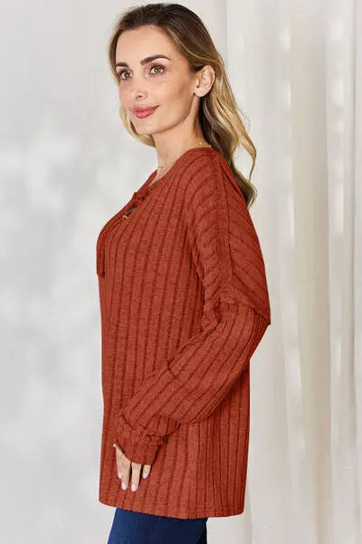 Blue Zone Planet |  Basic Bae Full Size Ribbed Half Button Long Sleeve T-Shirt BLUE ZONE PLANET