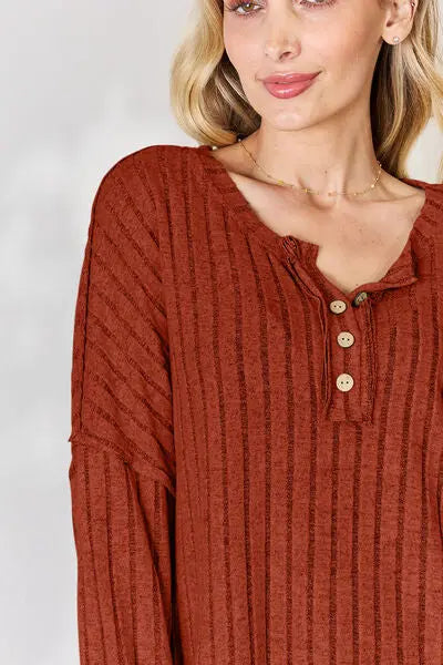 Blue Zone Planet |  Basic Bae Full Size Ribbed Half Button Long Sleeve T-Shirt BLUE ZONE PLANET