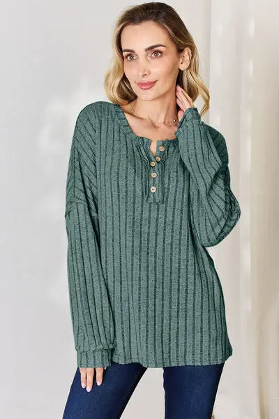Blue Zone Planet |  Basic Bae Full Size Ribbed Half Button Long Sleeve T-Shirt BLUE ZONE PLANET